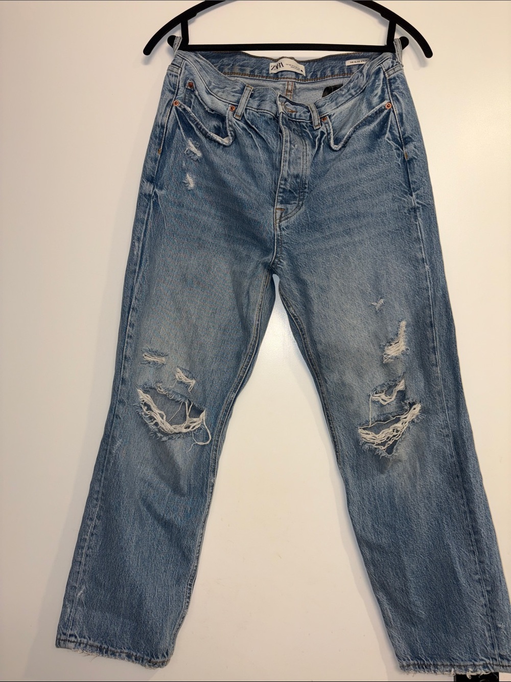 Zara Light Blue Ripped Straight-Leg Jeans